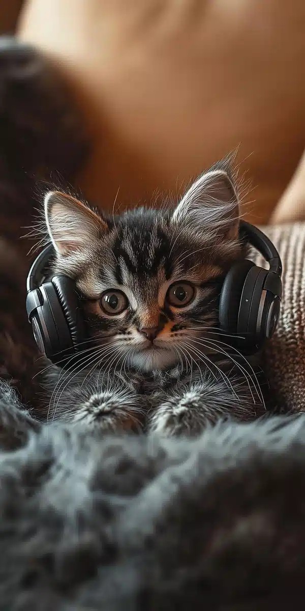 Fluffy Kitten with Earbuds