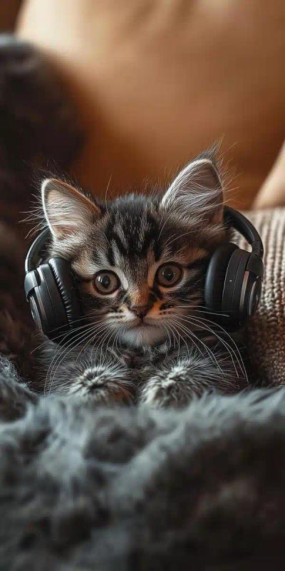 Fluffy Kitten with Earbuds