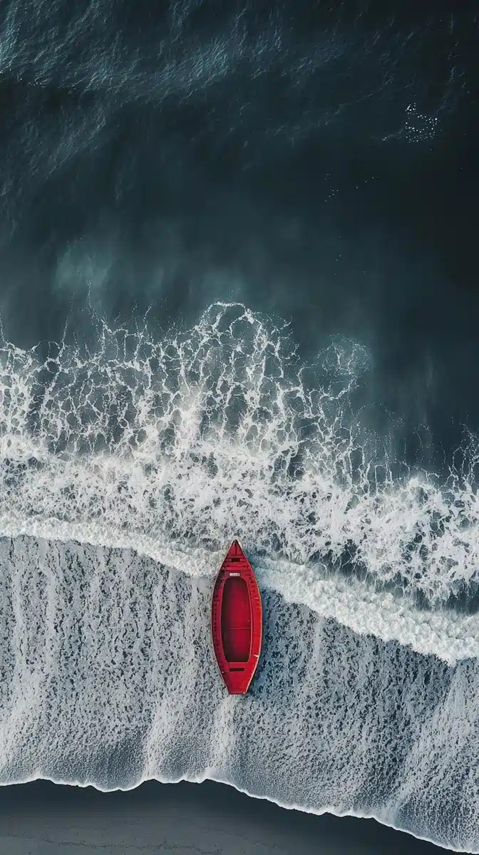 Symmetrical Coastline with Red Boat