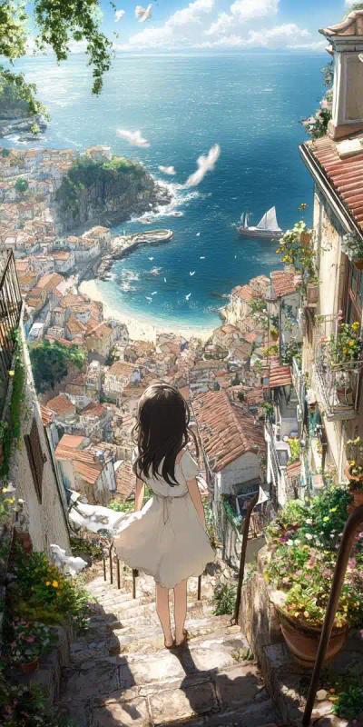 Anime Girl Over Coastal Town