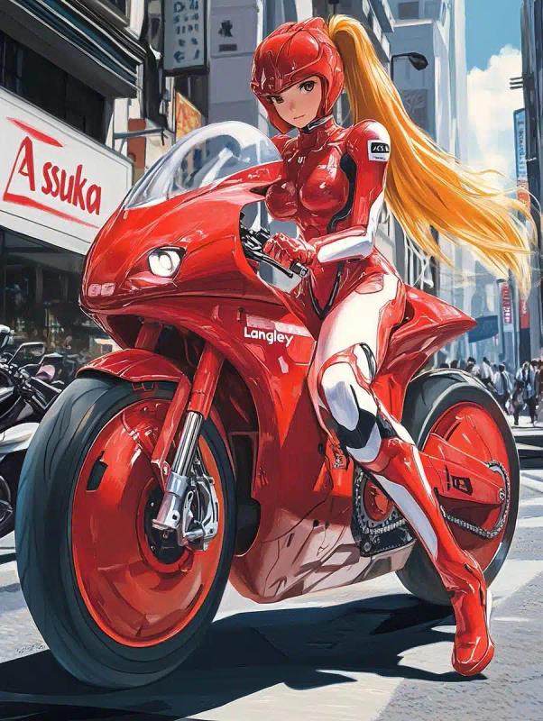 Anime Asuka on Motorcycle