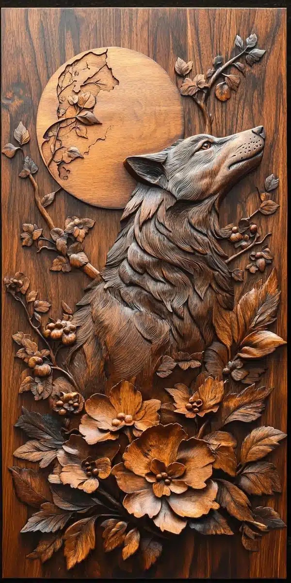 Intarsien Mural Rearing Wolf Moon