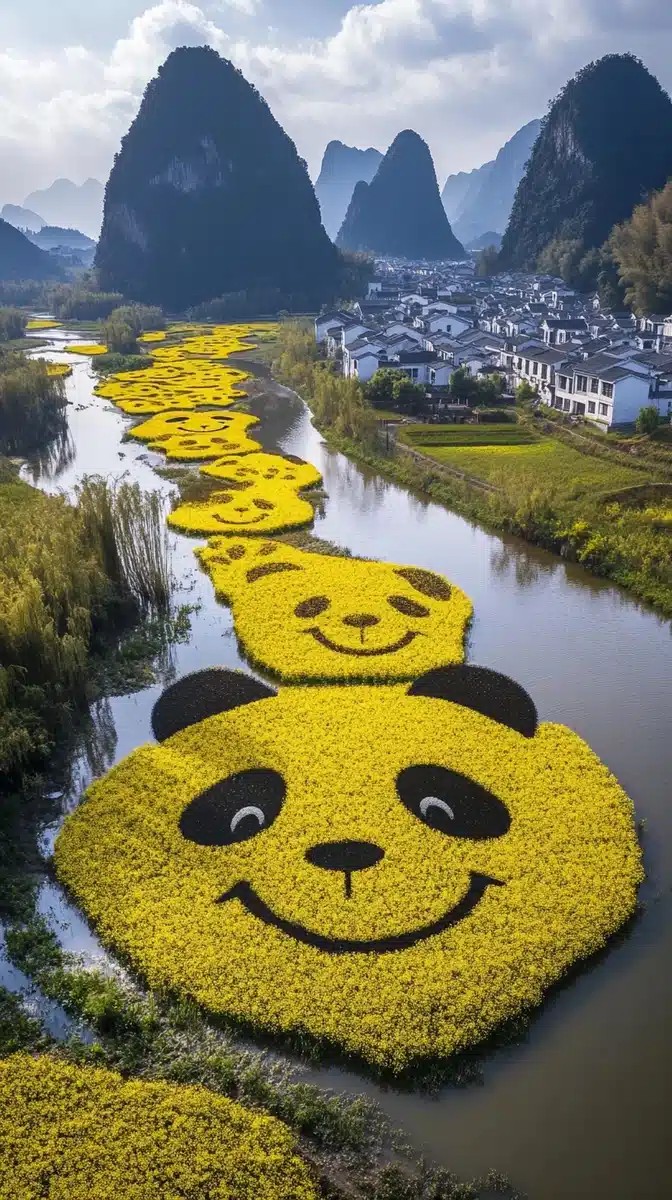 Panda Patterned Flower Field