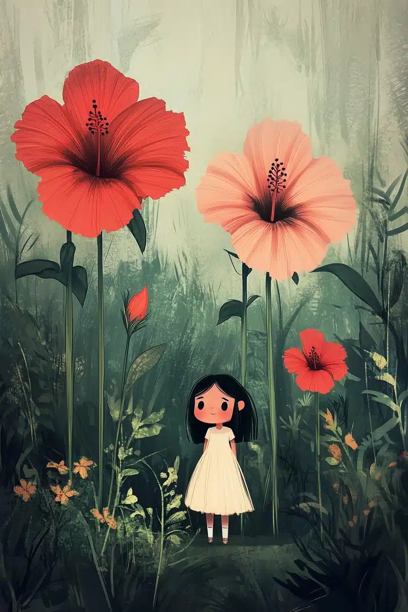 Girl Among Hibiscus Flowers