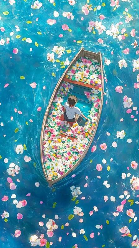 Flower-Laden Boat in Ocean