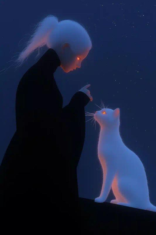 Moonlit Girl with Cat