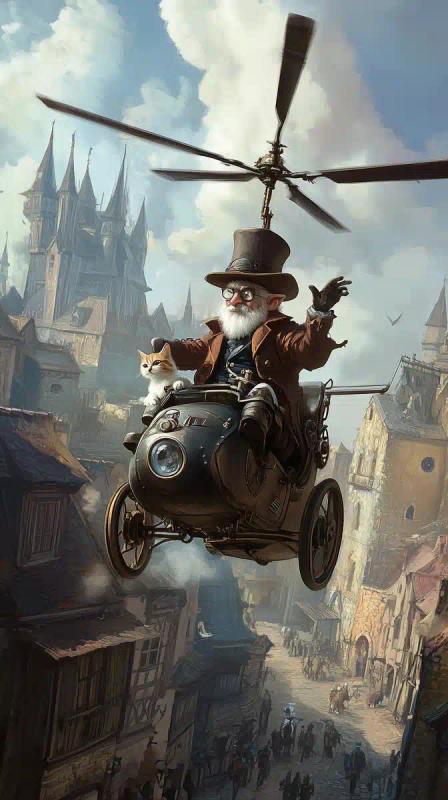 Steampunk Helicopter with Cat
