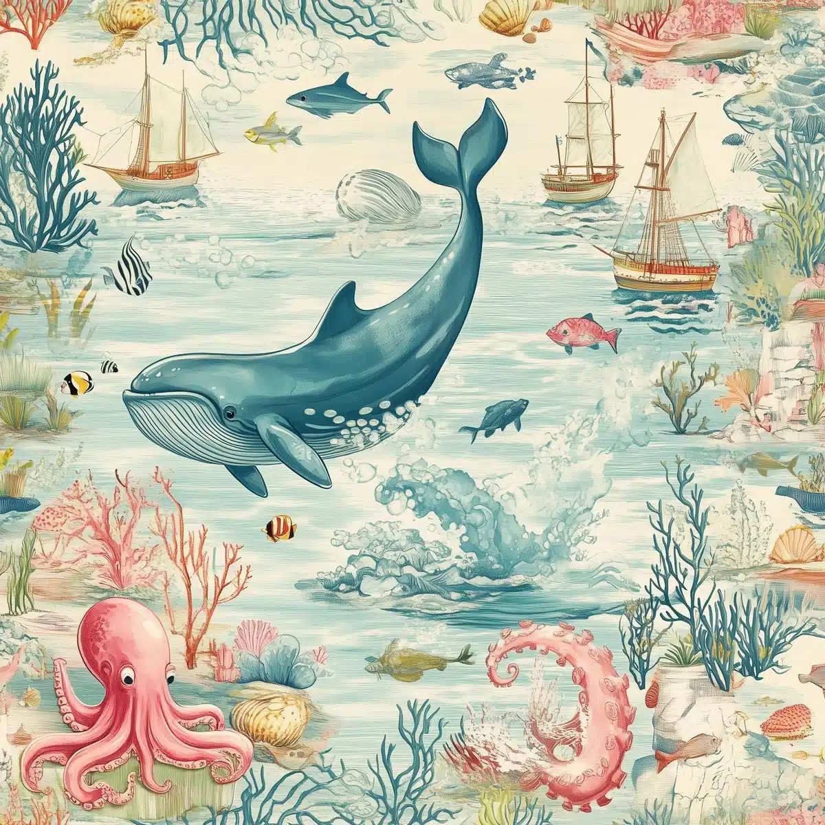Vintage Toile Ocean Scene