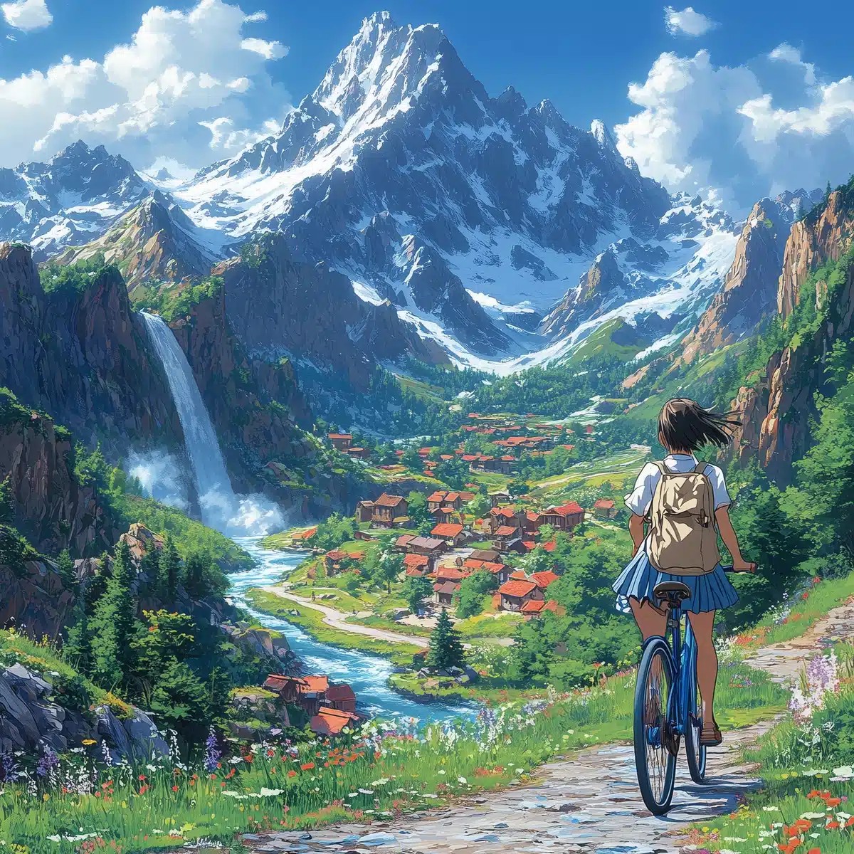 Ghibli Girl Biking Mountains