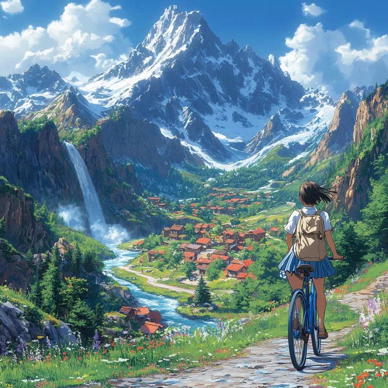 Ghibli Girl Biking Mountains