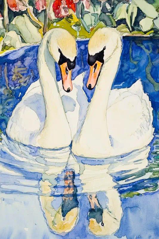 Watercolor Swans on Lake