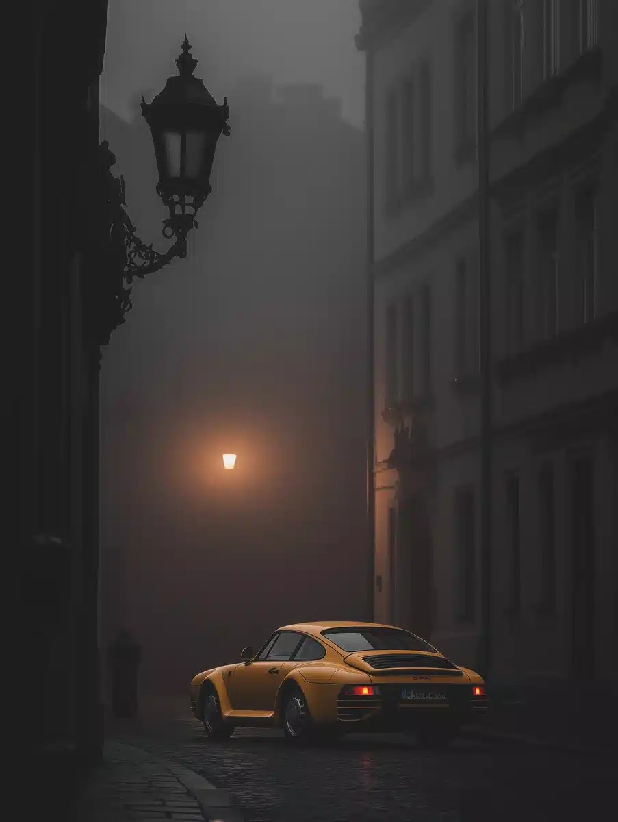 Vibrant Porsche in Fog