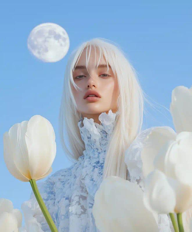 Cinematic Girl Among Tulips