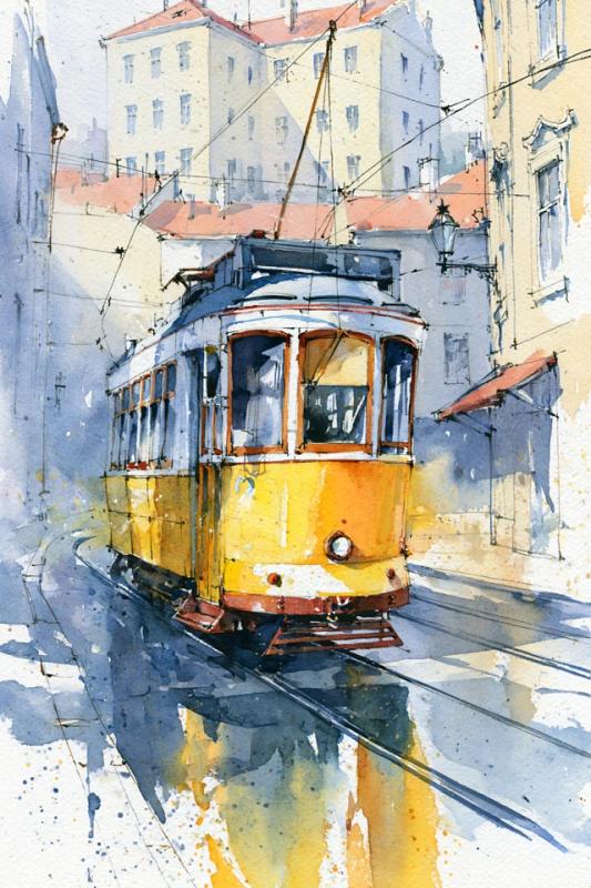Vintage Tram Watercolor Painting