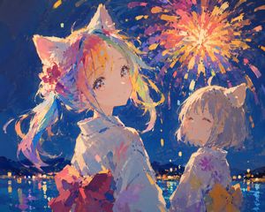 彩虹发色猫耳少女插画