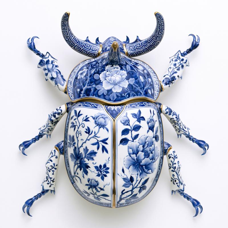 Prompt full body rhinoceros beetle viewed from above white...