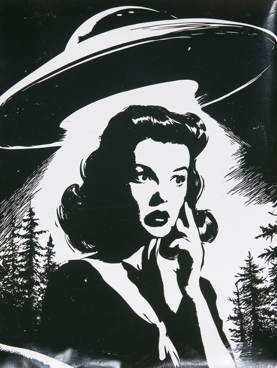 retro ufo screen print style smooth alien watching 1950s...