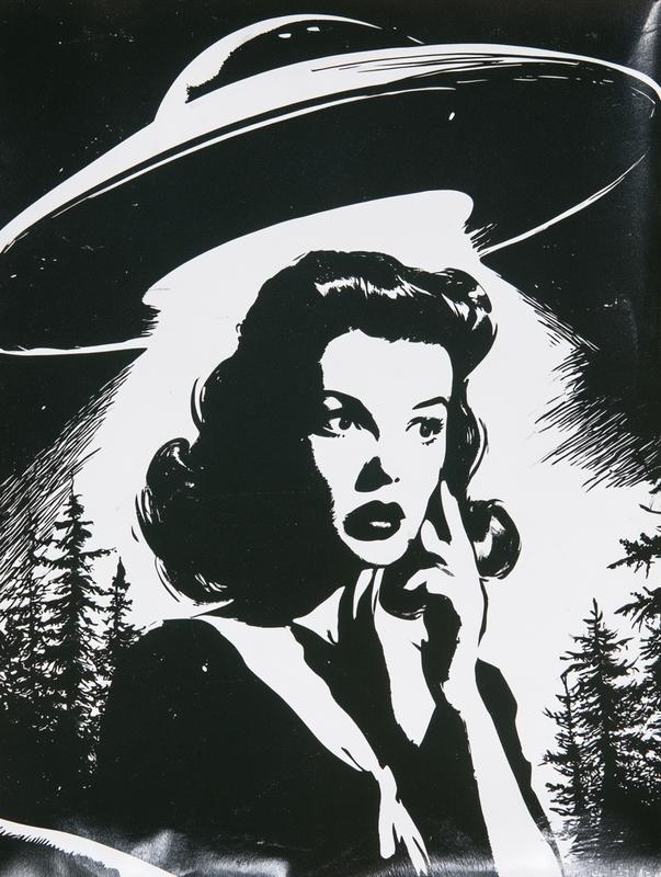 retro ufo screen print style smooth alien watching 1950s...