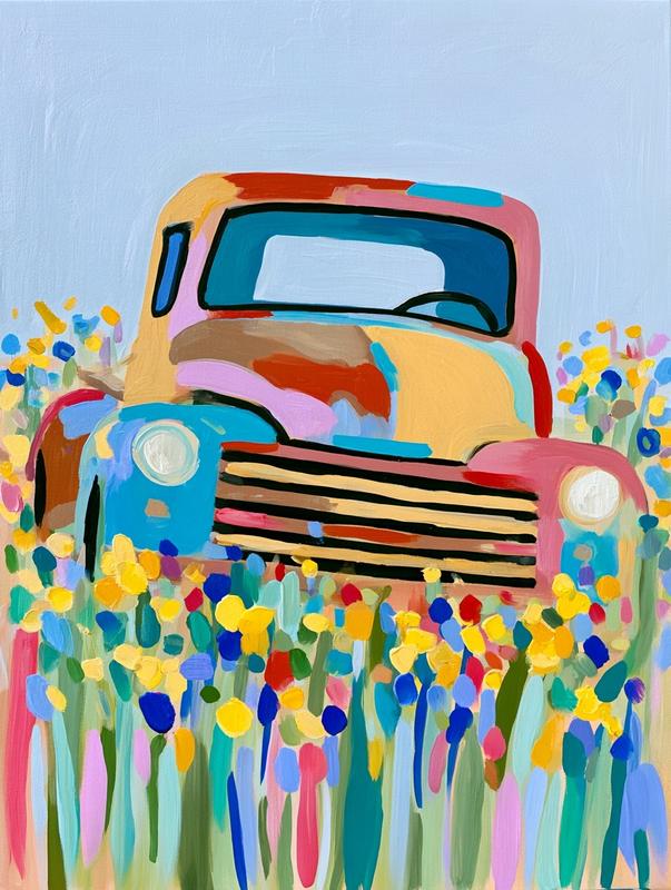 Abandoned vintage pickup truck in a field with wildflowers...