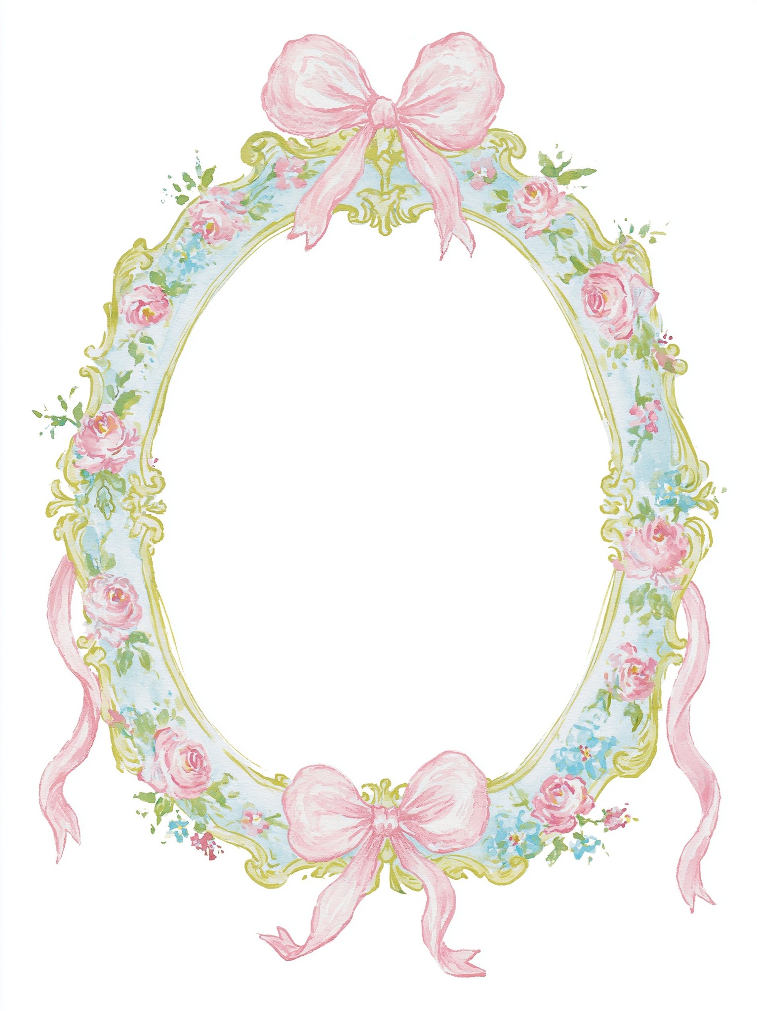 single hand-painted watercolor vintage Victorian frame with ribbon bow...