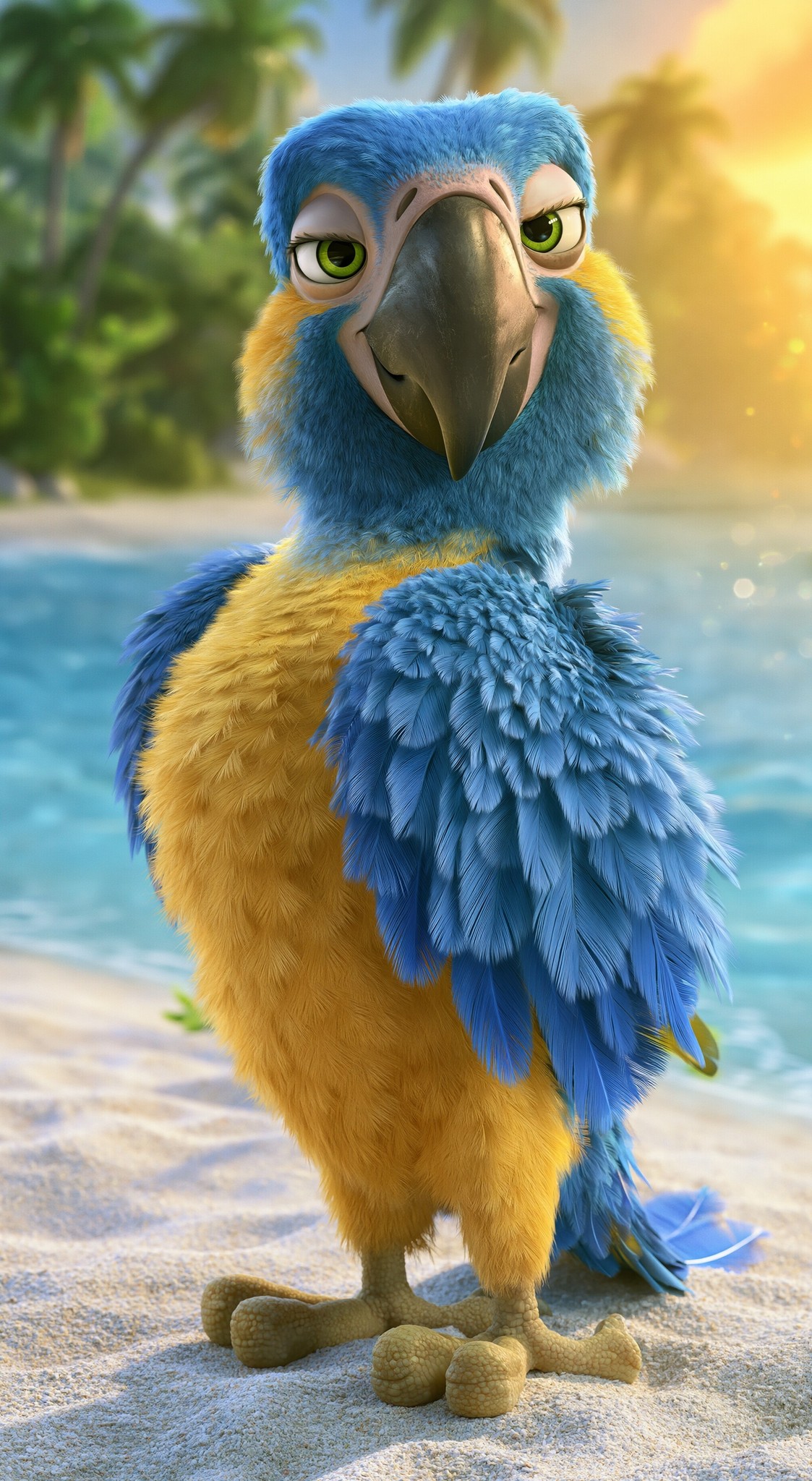A majestic blue and yellow macaw standing on a...