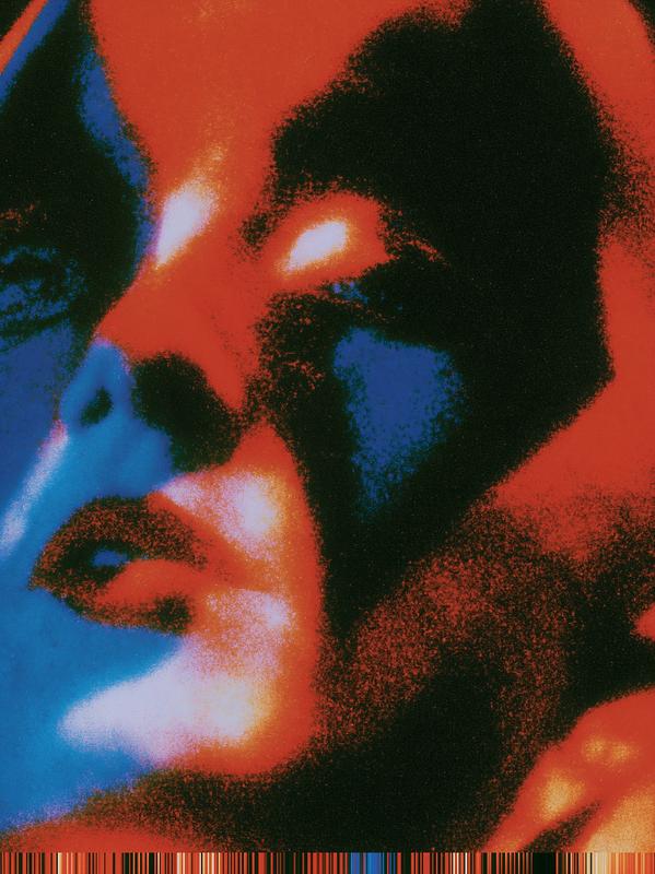 inverted thermographic close-up of a harlequin face tilted up...
