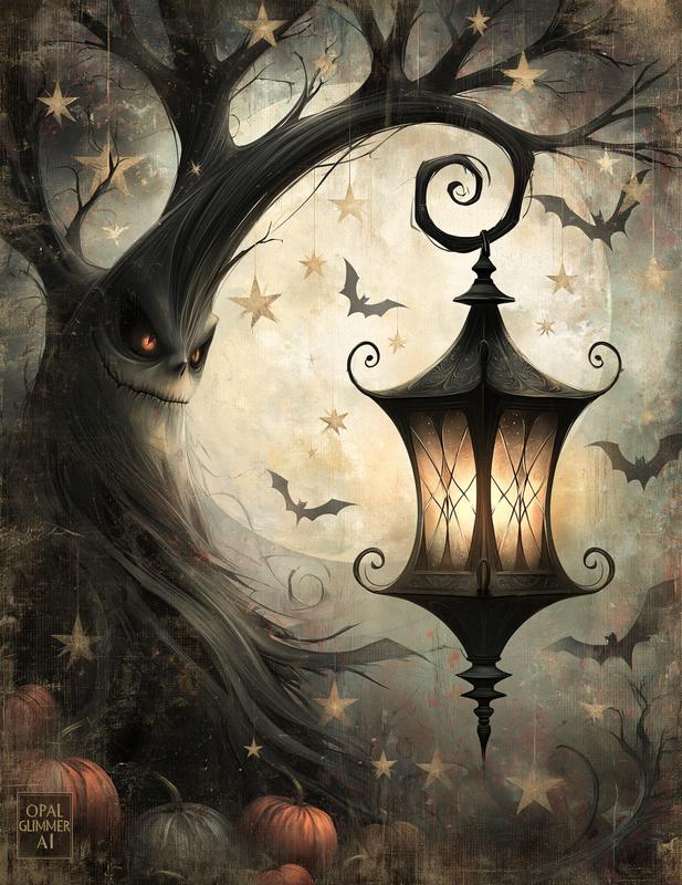 a haunted lantern hanging from a tree faded halloween...