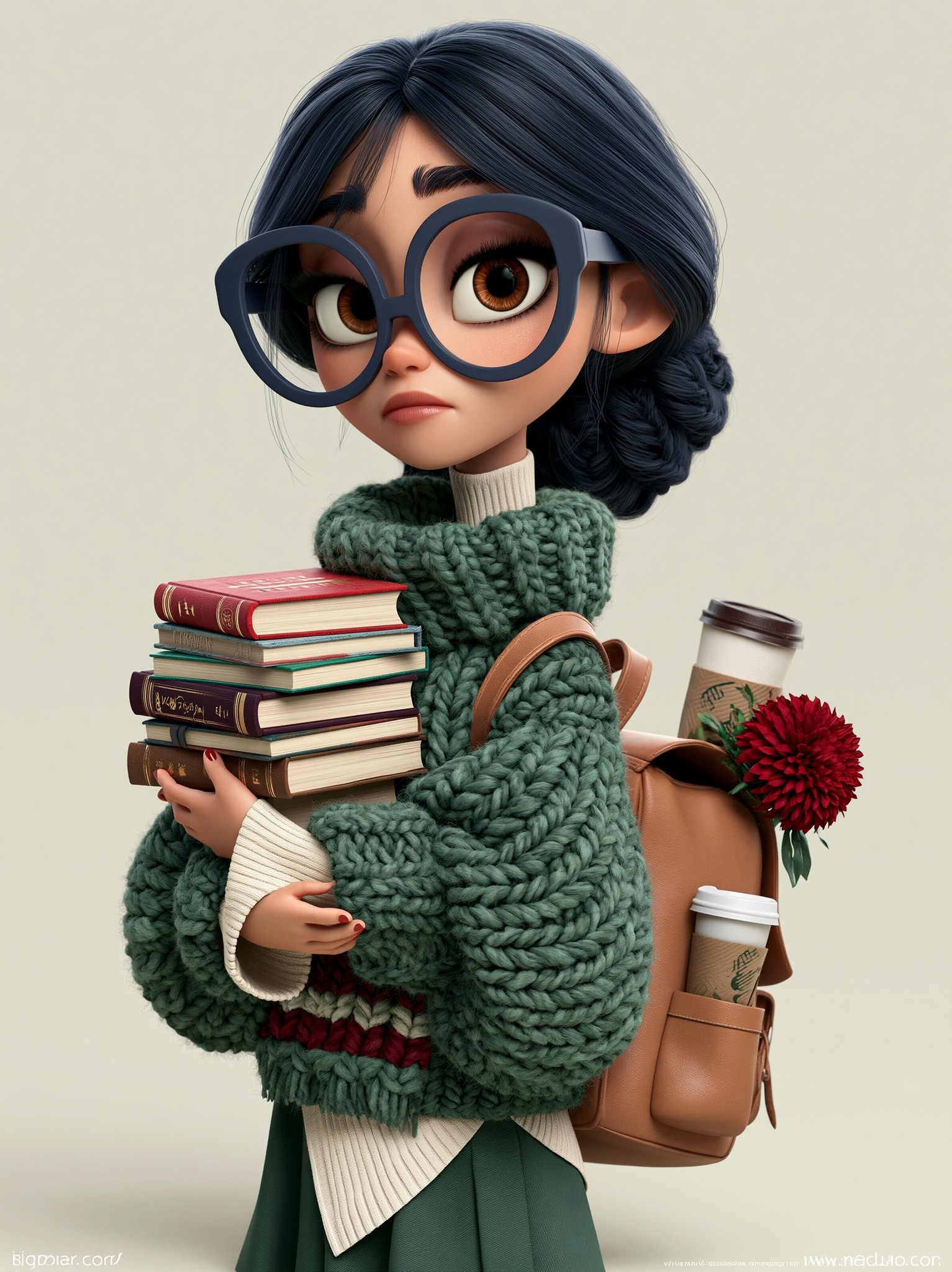 uma personagem feminina japonesa nerd usando oculos gigante e...