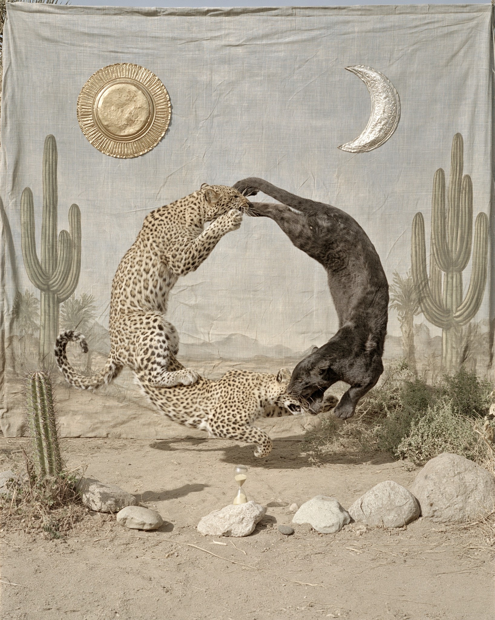 35mm film photography surreal desert tableau centered symmetrical composition...