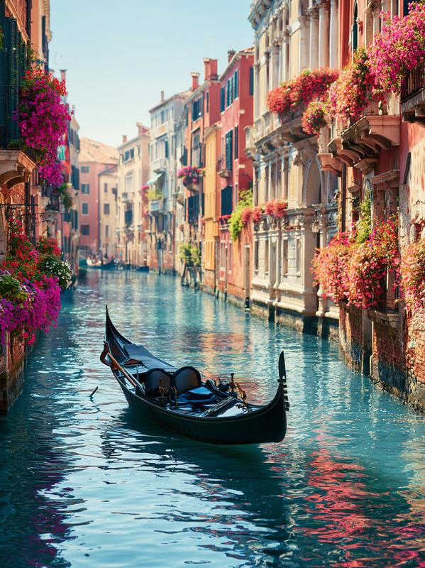 A traditional Venetian gondola floating gracefully through a picturesque...