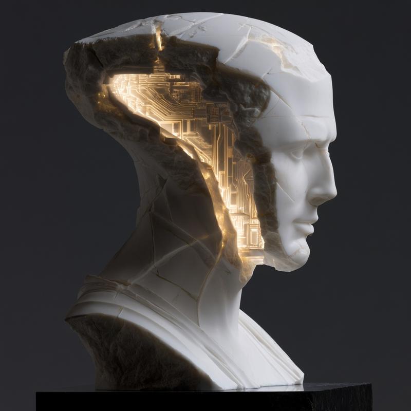 A clean white marble sculpture of a head with...