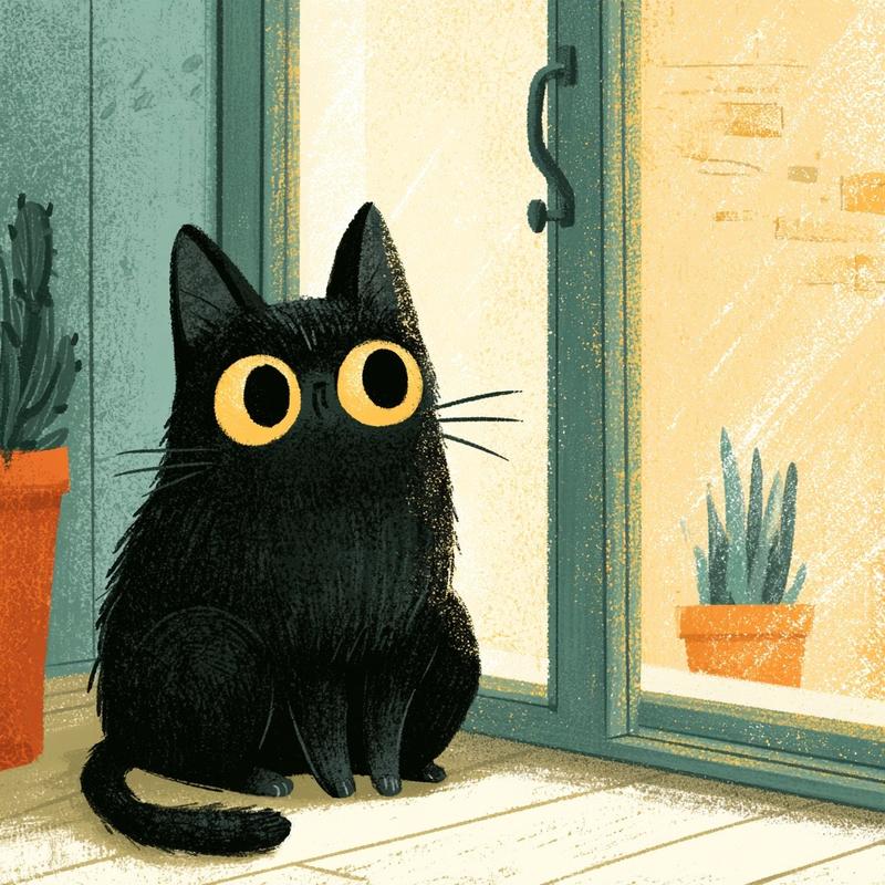 a super cute whimsical illustration of a black cat...