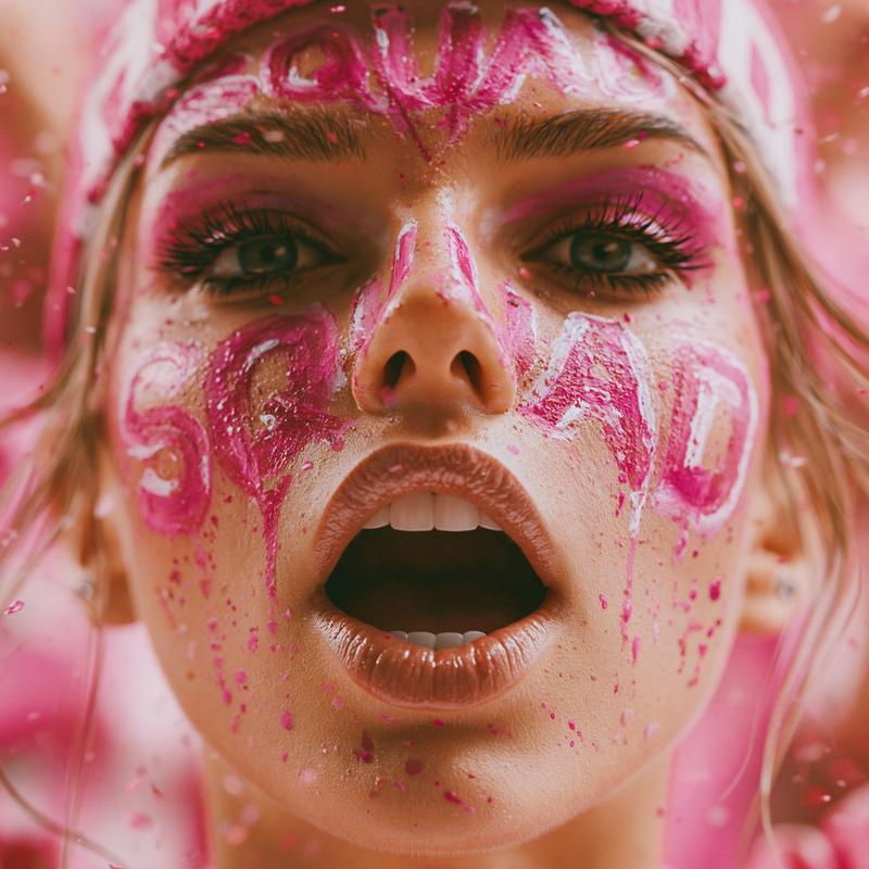 Photorealistic female football supporter wearing pink sitting in the...