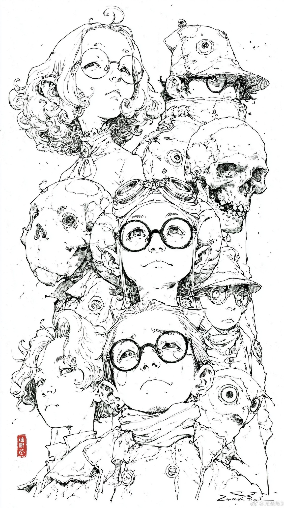 极简 细腻规整的黑白线稿 funny art 提取查理九世图书和不可思议事件簿之中的所有DODO冒险队人员形象 Kim Jung-Gi art black...