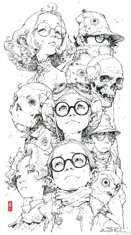 极简 细腻规整的黑白线稿 funny art 提取查理九世图书和不可思议事件簿之中的所有DODO冒险队人员形象 Kim Jung-Gi art black...