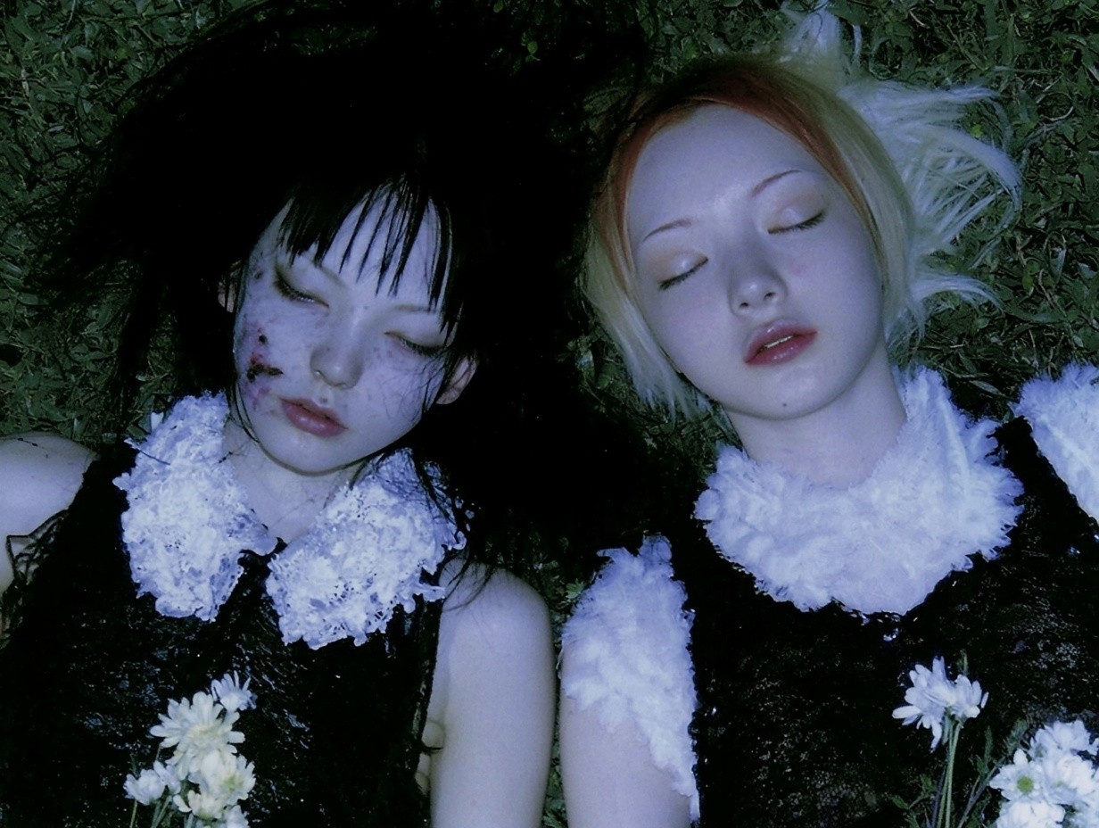 a camera shot from above capturing two girls lying...