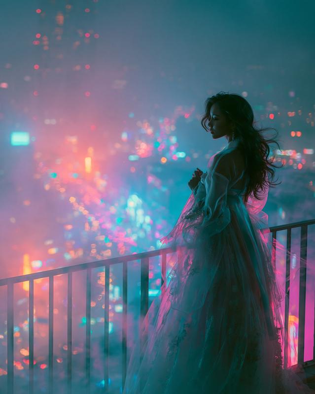 A stylish woman in a sheer modern Hanbok standing...