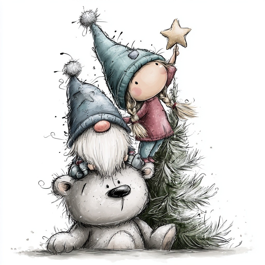 Adorable cartoon Christmas boy and girl gnomes decorating a...