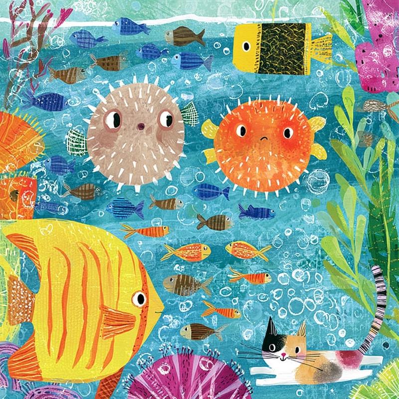 an intricate watercolor painting of an aquatic environment two...