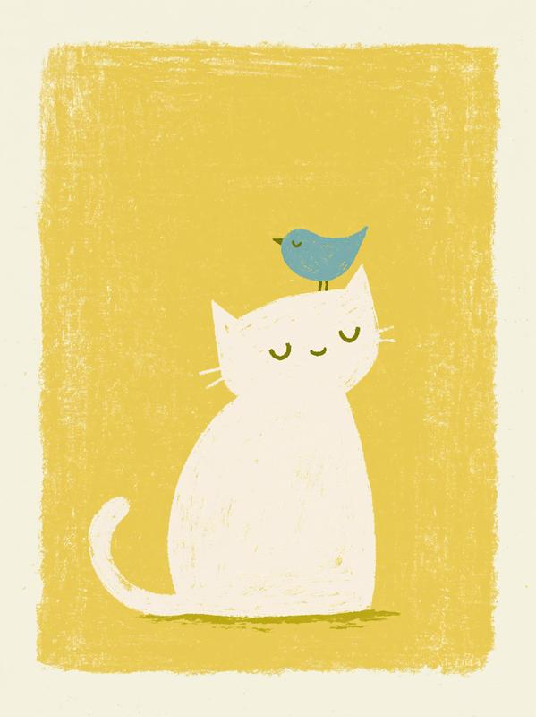 A stylish depiction of a sleeping cat and a...