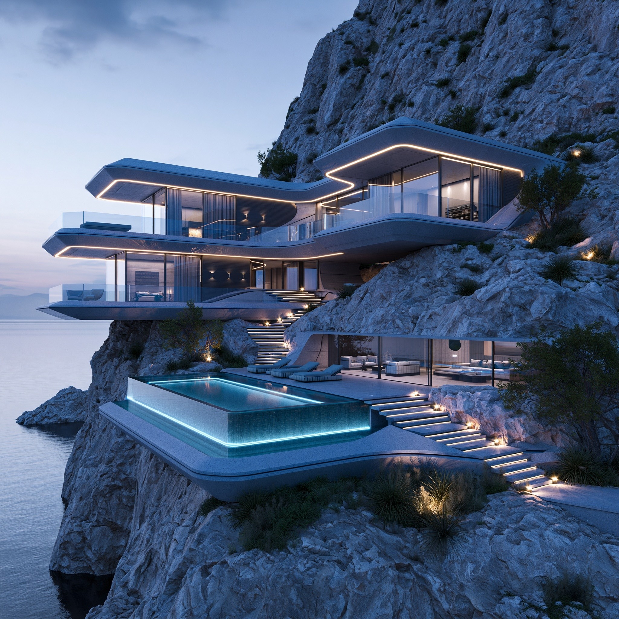 modern cliff house with terraces and pool hyperrealistic blue...