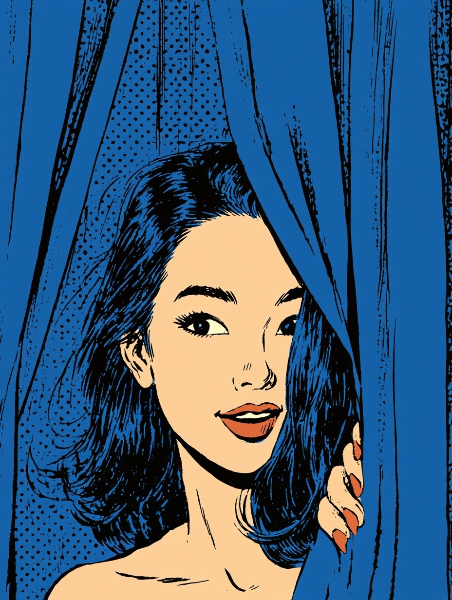 Pretty Asian woman peeking from behind a Royal Blue...