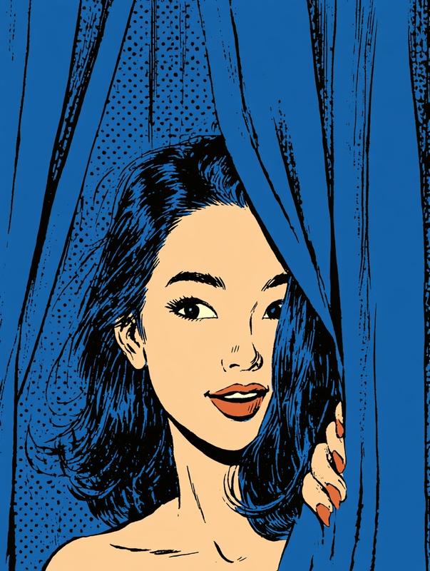 Pretty Asian woman peeking from behind a Royal Blue...