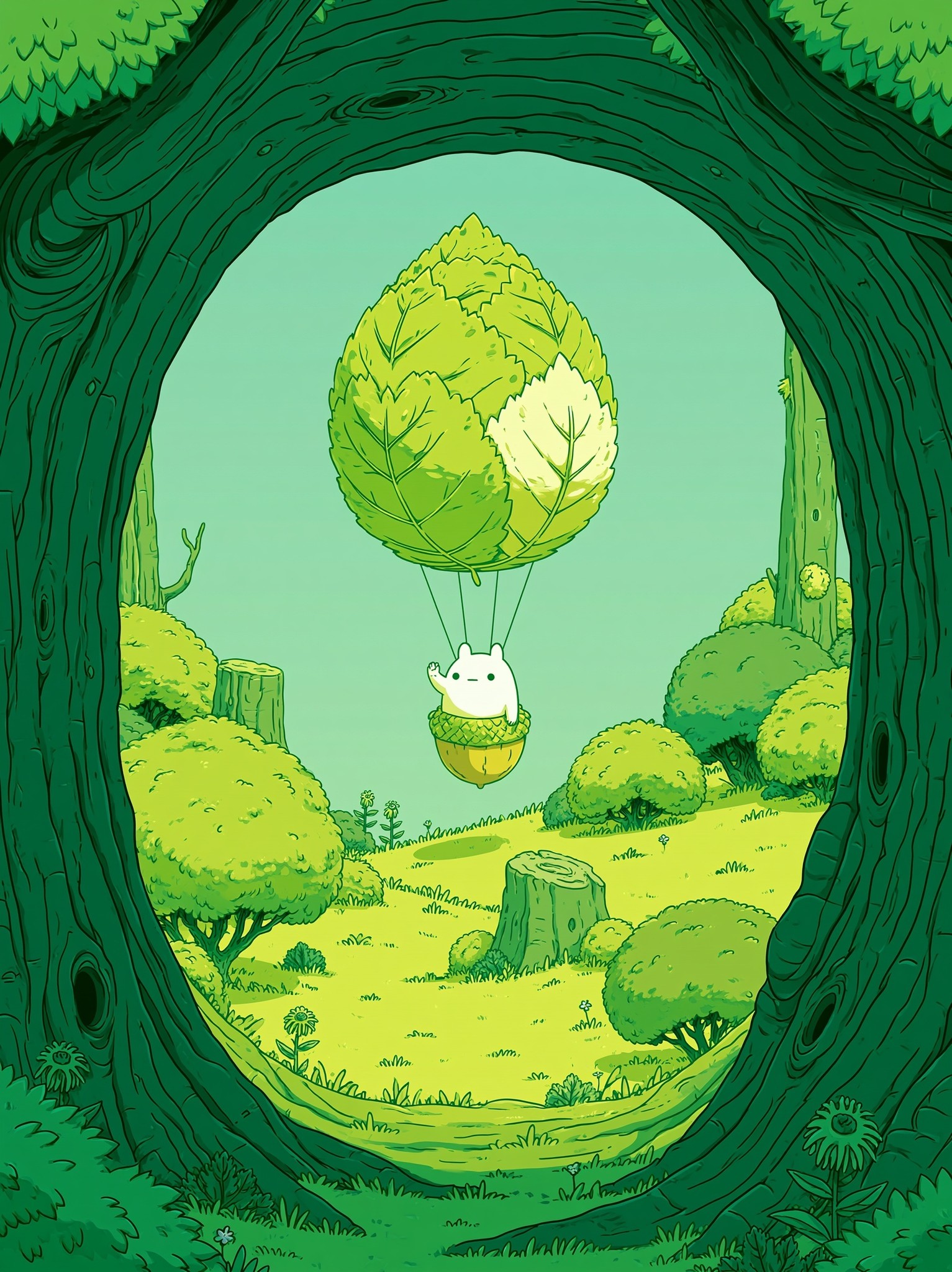 Flat-color fantasy illustration view from inside a round hollow...