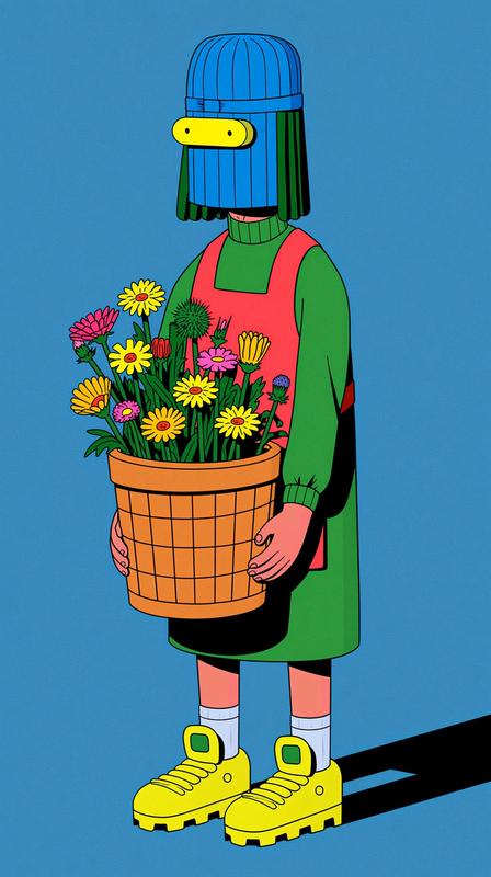 A little old lady gardener wearing a headscarf holding...