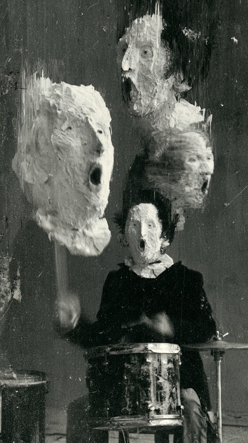 hand held cpuppet drummer plays as heads twist and...