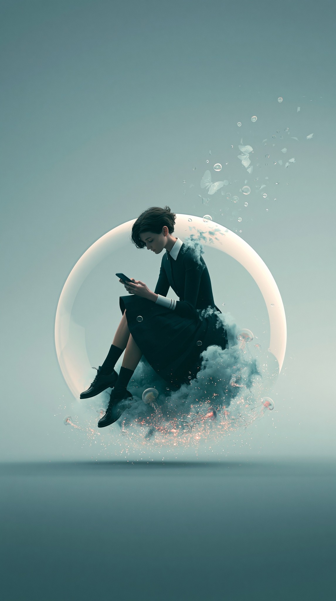 A girl is lost in her phone while the...
