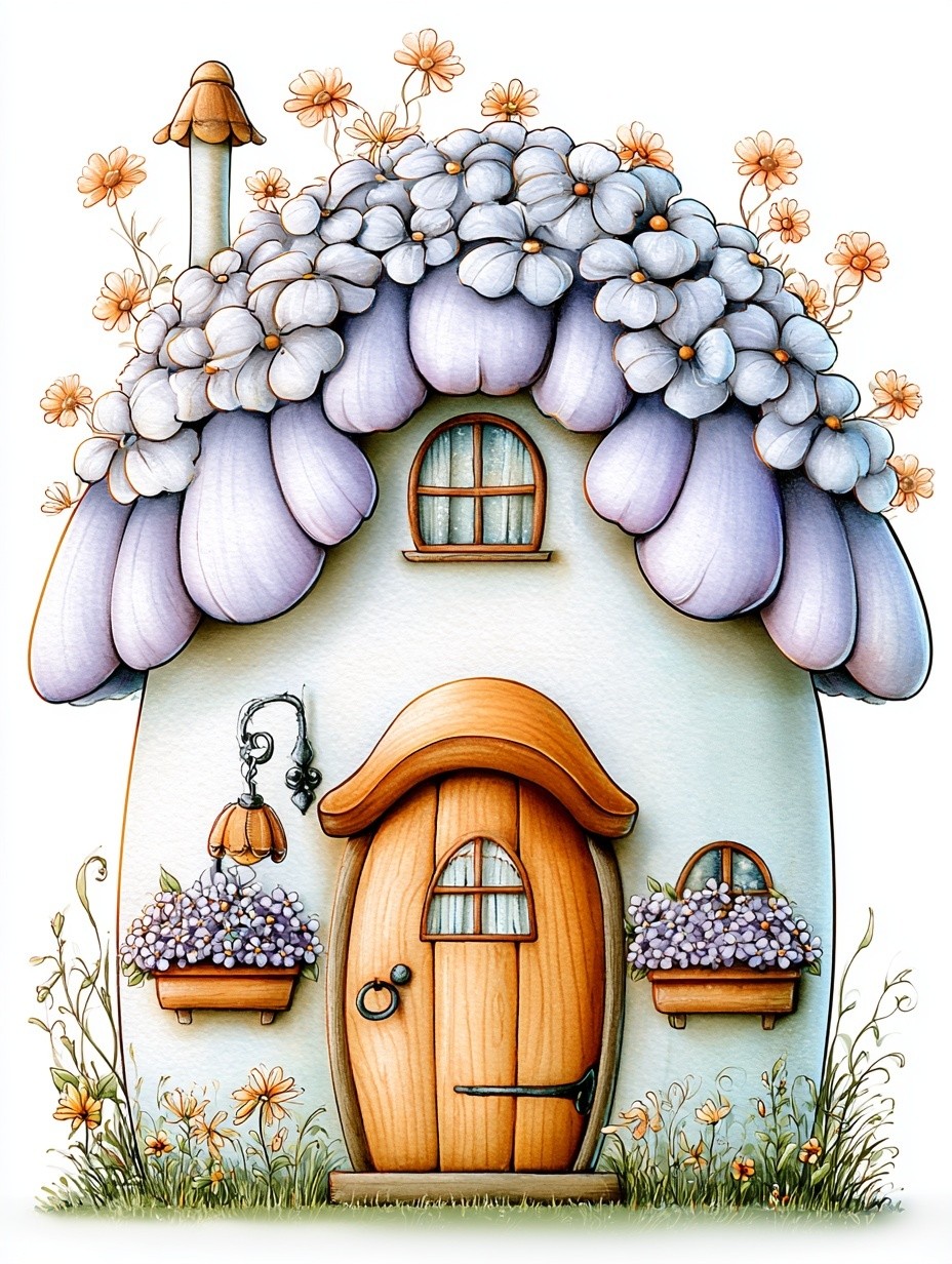 whimsical flower cottage house delicate hydrangea flower roof layered...