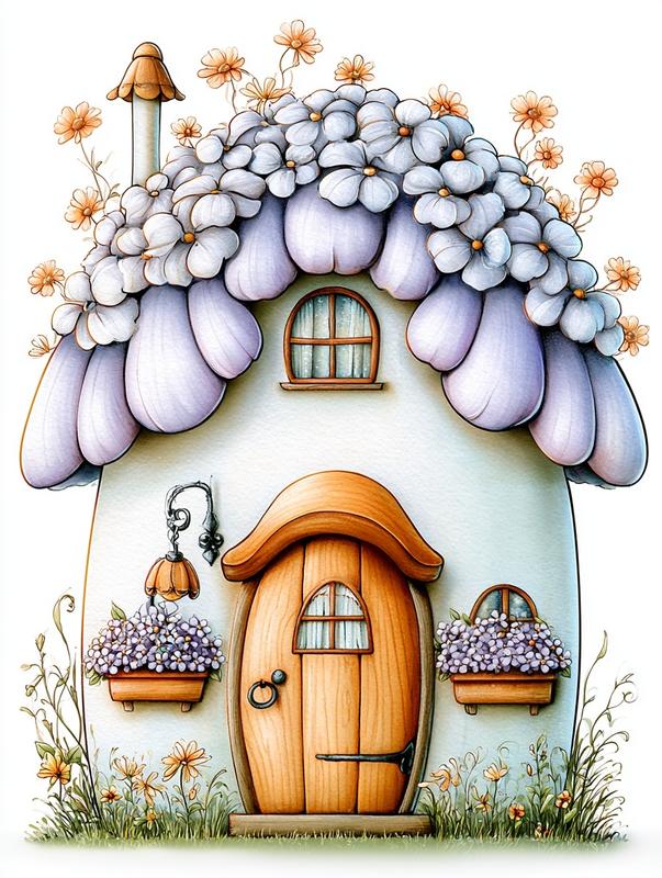 whimsical flower cottage house delicate hydrangea flower roof layered...
