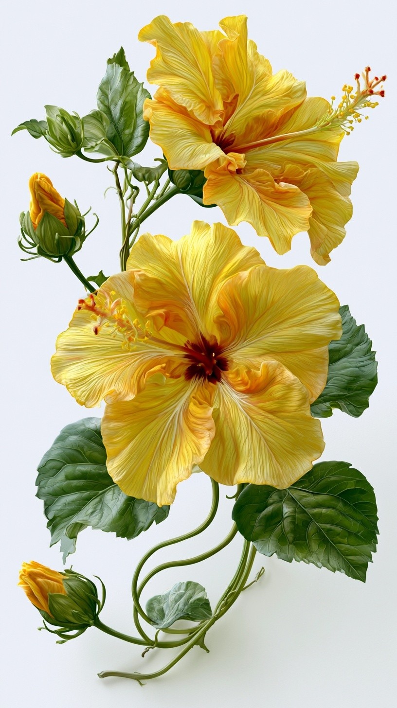 a hyper realistic image of a yellow hibiscus botanical...